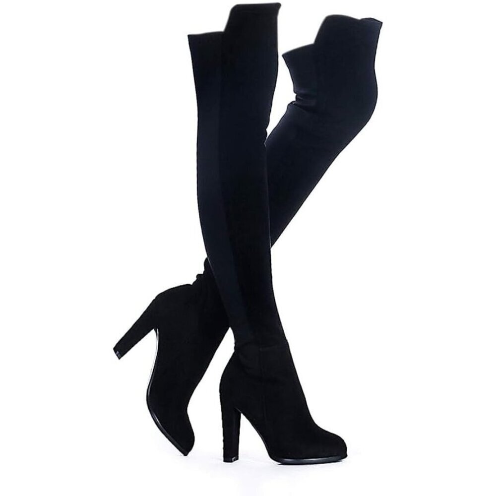 Women Black Pu Faux Suede Chunky Heel Stretch Over The Knee Thigh High Long Boot